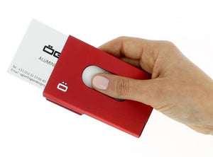 Ögon Design. One Touch visittkort holder i aluminium rød